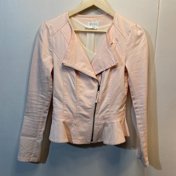 #0128 ELLE Light Pink Fitted Jean Jacket with Side Zipper & Peplum-XS - Picture 2 of 10